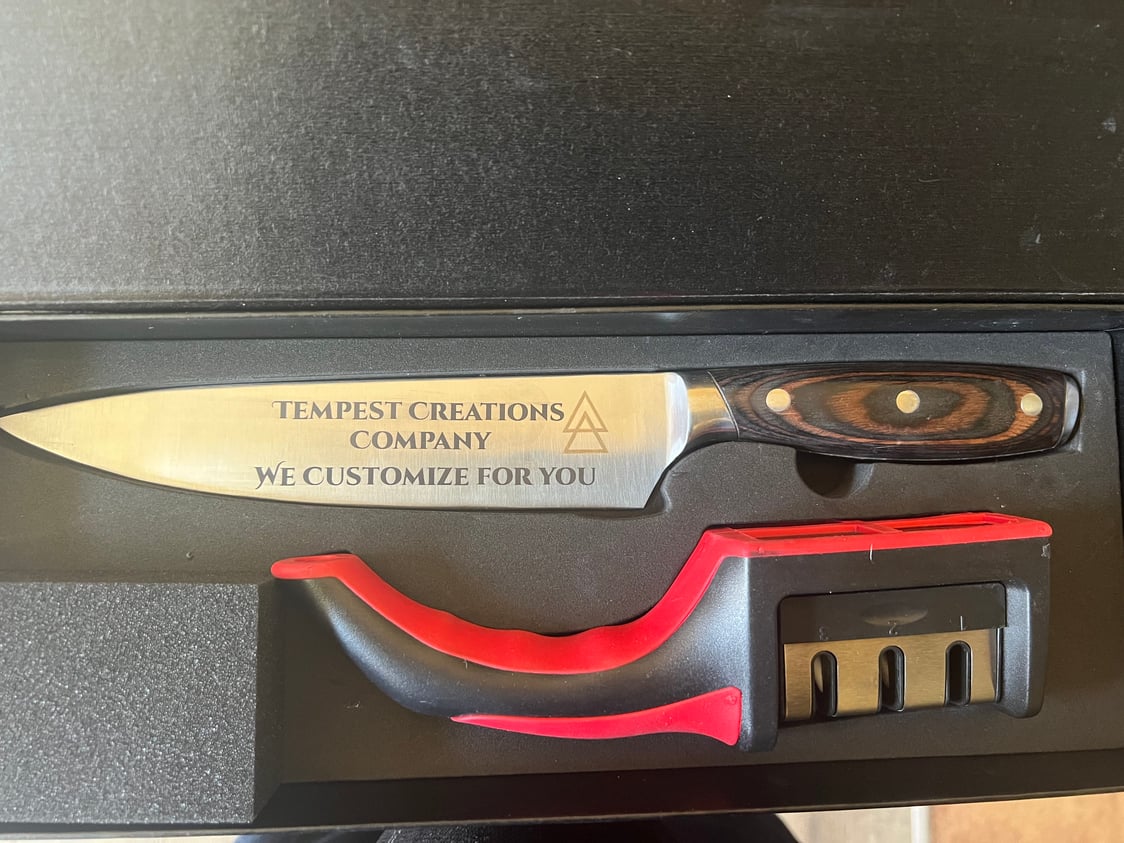 Customized Chefs Knife with sharpener.
